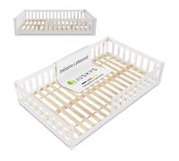 Juskys Naya - Cama infantil de 120 x 200 cm con protección anticaída y somier de láminas, cama de madera para niños de 3 a 10 años, moderno marco de cama blanco