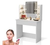 Juskys Tocador Zoey con espejo LED, gran espejo táctil LED con marco, cajón y estante, gran espacio de almacenamiento, fácil de limpiar y moderno, color blanco