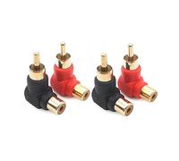 jussming Conectores adaptadores RCA macho a hembra en ángulo recto de 90 grados, acopladores AV de audio chapados en oro en forma de L (2 pares, negro + rojo) para estéreo, cine en casa, altavoces