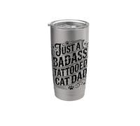 Just a Badass Tatuado Gato Papá Huellas Tatuaje Gatito Gatos Vaso térmico de acero inoxidable de doble pared