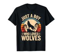 Just A Boy Who Loves Wolves Howling Retro Sunset Camiseta