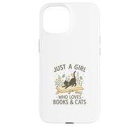 Just a Girl Who Loves Books and Cats Pastel Reading Cat Carcasa para iPhone 15