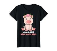 Just a Girl Who Loves Pig - Corona de Flores de Cerdo Camiseta gráfica económica, Mujer, Negro, XS