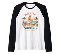 Just A Girl Who Loves Surfing Woman Surfer Cute Surfboard Camiseta Manga Raglan
