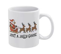 Just A Jolly Goose Christmas - Taza de café de cerámica blanca de 11 onzas, taza de té impresa de doble cara con mango ergonómico en C, vasos de porcelana con fondo grueso para el hogar, oficina