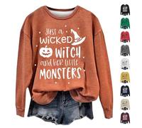Just A Wicked Witch and Her Little Monsters - Sudadera de Halloween para mujer, camisas de bruja aterradora, disfraces de Halloween, camisetas de manga larga, sin botones, trajes de festival de terror