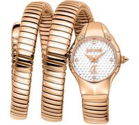Just Cavalli Signature Snake Amanta - Reloj de Pulsera para Mujer de Cuarzo a la Moda, Pulsera y Caja de Acero Inoxidable de Color Dorado, Esfera analógica Gris - JC1L393M0035