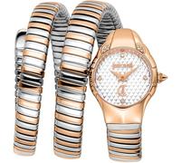 Just Cavalli Signature Snake Amanta - Reloj de Pulsera para Mujer de Cuarzo a la Moda, Pulsera y Caja de Acero Inoxidable de Color Dorado, Esfera analógica Gris - JC1L393M0055