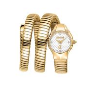 Just Cavalli Signature Snake Amanta - Reloj de Pulsera para Mujer de Cuarzo a la Moda, Pulsera y Caja de Acero Inoxidable de Color Dorado, Esfera analógica Gris - JC1L393M0025