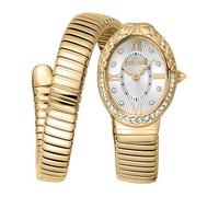 Just Cavalli Signature Snake Fiore - Reloj de Pulsera para Mujer de Cuarzo a la Moda, Pulsera y Caja de Acero Inoxidable de Color Dorado, Esfera analógica Gris - JC1L390M0025