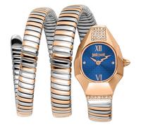 Just Cavalli Signature Snake Lunara - Reloj de Pulsera para Mujer de Cuarzo a la Moda, Pulsera y Caja de Acero Inoxidable de Color Gris, Esfera analógica Azul - JC1L397M0085