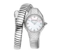 Just Cavalli Signature Snake - Reloj de Pulsera para Mujer de Cuarzo a la Moda, Pulsera y Caja de Acero Inoxidable de Color Gris, Esfera analógica Blanca - JC1L375M0015