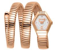 Just Cavalli Signature Snake Romina - Reloj de Pulsera para Mujer de Cuarzo a la Moda, Pulsera y Caja de Acero Inoxidable de Color Dorado, Esfera analógica Gris - JC1L395M0045