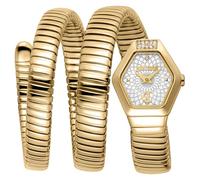 Just Cavalli Signature Snake Romina - Reloj de Pulsera para Mujer de Cuarzo a la Moda, Pulsera y Caja de Acero Inoxidable de Color Dorado, Esfera analógica Gris - JC1L395M0025