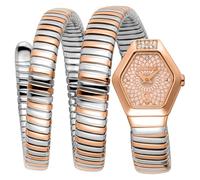 Just Cavalli Signature Snake Romina - Reloj de Pulsera para Mujer de Cuarzo a la Moda, Pulsera y Caja de Acero Inoxidable de Color Gris, Esfera analógica Dorada - JC1L395M0065