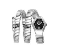 Just Cavalli Signature Snake Romina - Reloj de Pulsera para Mujer de Cuarzo a la Moda, Pulsera y Caja de Acero Inoxidable de Color Gris, Esfera analógica Negra - JC1L395M0015