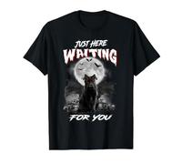Just Here Waiting For You Black Cat Devil Moon Halloween Camiseta gráfica económica, Hombre, Negro, L