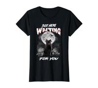 Just Here Waiting For You Black Cat Devil Moon Halloween Camiseta gráfica económica, Mujer, Negro, XL