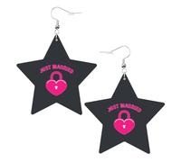 Just Married - Juego de aretes perforados de cuero impreso, 1 par de aretes bohemios ligeros para fiesta de cumpleaños, regalos para mujer, One Size, Poliéster