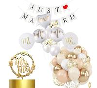 Just Married - Juego de decoración de boda, diseño de letras, globos de madera, decoración de tartas de boda, bandera de "Just Married", globos de látex, perfecto para duchas nupciales