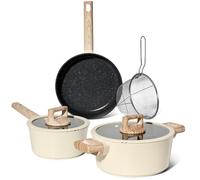 Just Perfecto - Batería de cocina antiadherente de 6 piezas con efecto mármol - Apta para todo tipo de fuegos, incluida inducción - Tapas de cristal con juntas de goma - Asas efecto madera - Beige
