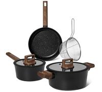 Just Perfecto - Batería de cocina antiadherente de mármol de 6 piezas - Apta para todo tipo de fuegos, incluida la inducción - Tapas de vidrio con juntas de goma - Mangos efecto madera - Color negro