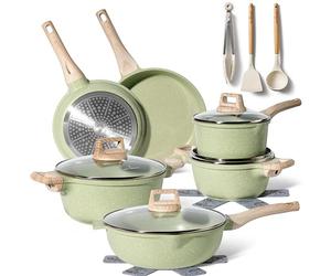 Just Perfecto Juego de Ollas y Sartenes Cocina Antiadherentes 14 Piezas, Batería de Cocina Antiadherentes Aluminio, para Todas las Cocinas, Incluso Inducción, Ollas Cocina con Tapas (Green)