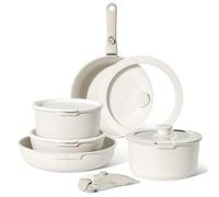 Just Perfecto Juego de utensilios de cocina antiadherentes con Mango Extraíble 11 Piezas, Menaje de Cocina con Tapas, Para Todo Tipo de Cocinas y Horno, apto Lavavajillas y Horno, Sin PFOA (Biege)