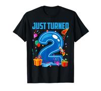 Just Turned 2 Birthday Boy Rocket Blue Party Camiseta