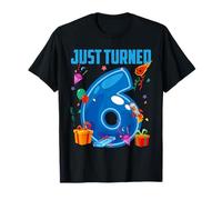 Just Turned 6 Birthday Boy Rocket Blue Party Camiseta