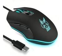 Justdfine Ratón para juegos con cable USB C, silencioso, 7 colores, retroiluminación, ratón óptico tipo C para juegos con 2400 DPI y 6 botones para PC, ordenador, portátil, Mac, negro