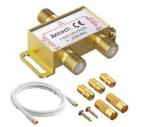 Justech 2Vías Divisor de TV Chapado en Oro Distribuidor de Antena Splitter SAT con 1 Cable Coaxial MoCA de 5-2500MHz 2 Adaptador F 3 F a F Inline Joiner para Sky Box Telewest Eurovox Starview Dreambox