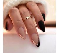 JUSTOTRY 24 Piezas de Uñas Postizas Cortas con Motivo de Espiral de Oro, Uñas Press-On en Almendra Mate Negra, Hermosas Uñas Stick-On Ovaladas Francesas como Regalo para Mujeres