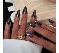 JUSTOTRY 24 Piezas de Uñas Postizas Cortas en Almendra Sólida Negro Cromo, Uñas Press-On Metálicas, Hermosas Uñas Stick-On Ovaladas Francesas como Regalo para Mujeres