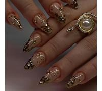 JUSTOTRY 24 uñas de estrellas para pegar cortas, prensas de almendras con patrón metálico 3D, uñas postizas ovaladas doradas brillantes, uñas postizas francesas para mujeres