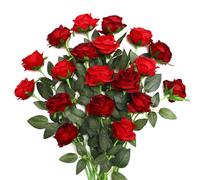 JUSTOYOU 20 rosas artificiales, flores artificiales de seda de doble color con tallo, ramo de rosas artificiales realistas para el hogar, mesa, oficina, fiesta, boda, arreglos de jardín (rojo y