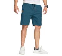 JustSun Pantalones Cortos Hombre Algodon Verano Shorts Lino Algodon Corto Casual Chino Pantalon Deporte con Bolsillos Cintura Elastica Azul Pavo Real L