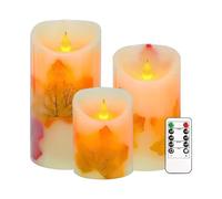 Justup Juego de 3 velas LED parpadeantes con mando a distancia y temporizador, pilares LED regulables, funciona con pilas, velas eléctricas para otoño, Halloween, Acción de Gracias (hoja de arce)