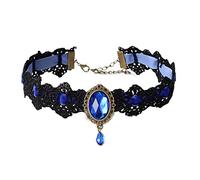 JUSTUSNX Collar de encaje negro con colgante de cristal, collar de terciopelo vintage, collar gótico de flores huecas, joyería de Halloween, accesorios para mujeres y niñas, (B)