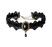 JUSTUSNX Collar de encaje negro con colgante de cristal, collar de terciopelo vintage, collar gótico de flores huecas, joyería de Halloween, accesorios para mujeres y niñas, (G)