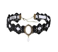 JUSTUSNX Collar de encaje negro con colgante de cristal, collar de terciopelo vintage, collar gótico de flores huecas, joyería de Halloween, accesorios para mujeres y niñas, (A)