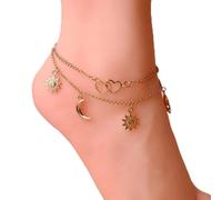 JUSTUSNX Tobillera ajustable en capas de plata/oro, sol, amor, luna, colgante en forma de tobillo, cadena de joyería para pies de playa y verano para mujeres y niñas (B)