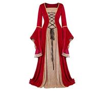 Jutrisujo Vestido medieval para mujer, largo hasta el suelo, renacimiento, época victoriana, disfraz maxi, vintage, retro, mangas abullonadas, rojo, XS