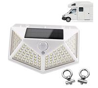 JUTTAUTO Luces LED para toldo de caravana, lámpara solar de 100 LED, luz exterior con sensor de movimiento de pared, 2 tapones de riel para toldo deslizantes para furgoneta, caravana, etc