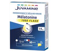 JUVAMINE - Melatonina Flash - Melatonina 1,9 mg - Dormido - Diferencia horaria - Sin habituación - Programa 60 noches - Tabletas sublinguales - Sabor limón - Fabricado en Francia