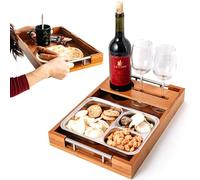JUVEL CouchBar SnackBox - Bandejas de bambú para servir con asa, bar para el sofá con cuencos para aperitivos, bandeja de sofá multiusos con estante extraíble para vino y almacenamiento de aperitivos