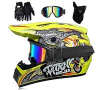 Juventud Niños MTB Casco de Motocross, con Gafas Guantes Mascarilla, Cara Completa Off Road Carreras Moto MX ATV Scooter Casco, Deportes Extremos Cuesta Abajo Enduro Dirt Bike Cascos(Yellow,L/56-57CM)