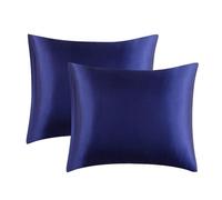 Juwenin Home - Juego de 2 fundas de almohada de satén de seda de múrmullo, suaves y puras - para cabello y piel - con cierre envolvente (azul marino, estándar / 50 x 75 cm)