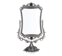 JUXYES Espejo de maquillaje decorativo antiguo de metal con soporte, espejo cosmético de doble cara giratorio de 360° con marco, espejo mágico de escritorio retro para tocador, plateado