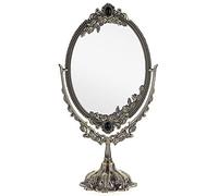 JUXYES Espejo de Maquillaje Decorativo Antiguo de Metal con Soporte, Espejo cosmético Giratorio Vintage de Doble Cara con Marco, Espejo Ovalado de Escritorio Retro para baño y Dormitorio